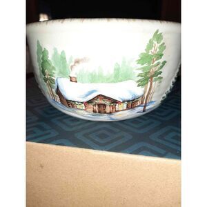 St Nicholas Square 6" Winter White Deer Cabin Christmas Tree Soup Cereal Bowl